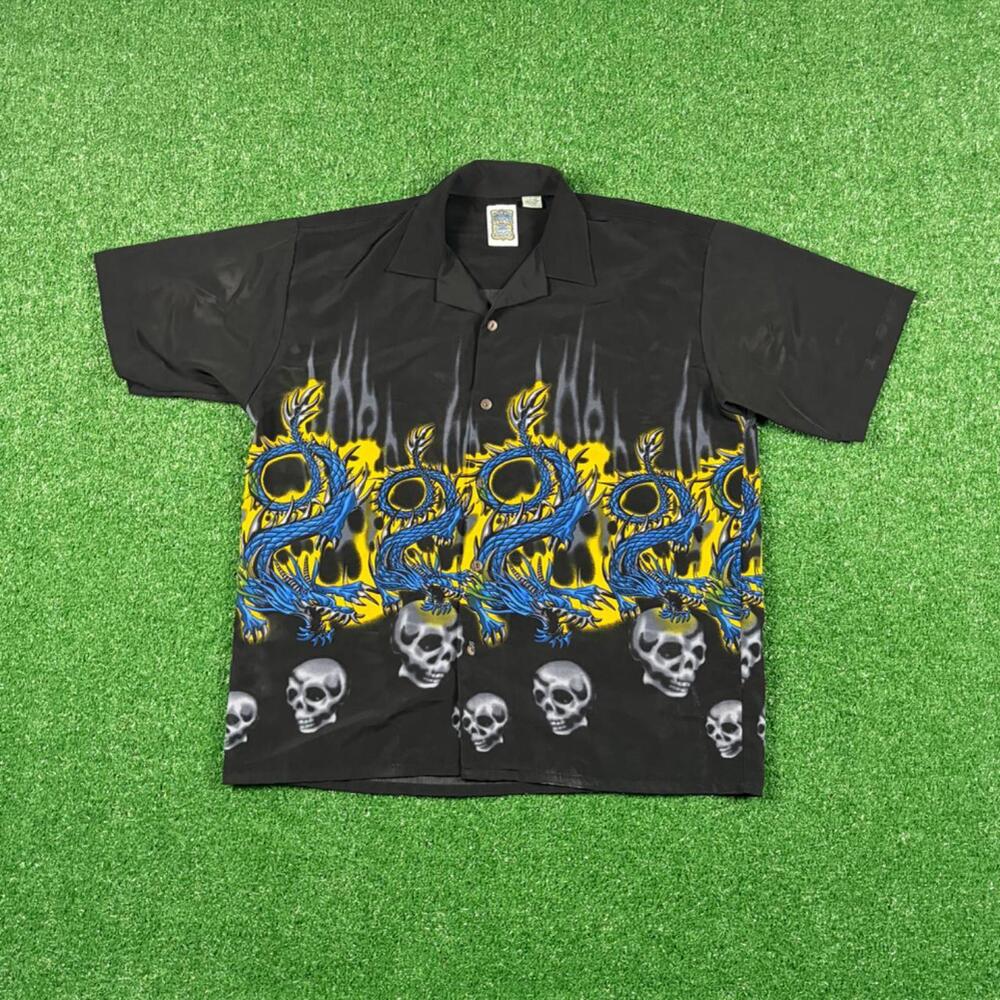 Vintage 90s y2k Jnco style wrap around dragon and flames button up shirt